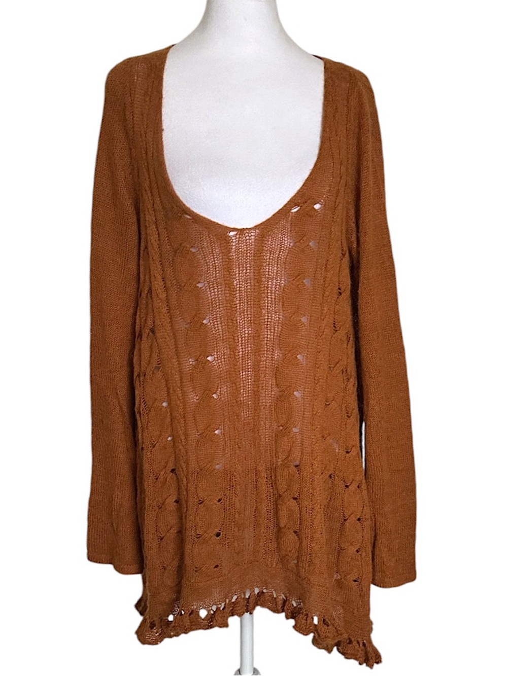 Free People Women’s Waterfall V-Neck Sweater Relaxed Fit Cable Knit Size M Honey